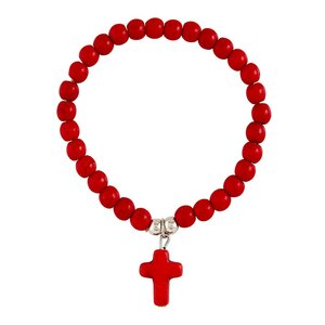Stenen kralen armband met kruisje - ROOD