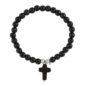 Stenen kralen armband met kruisje - ZWART