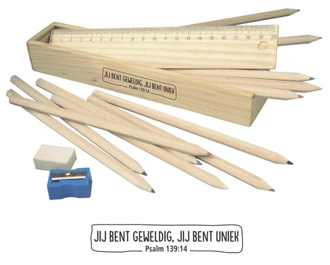 Houten box met kleurpotloden 'Jij bent uniek....'